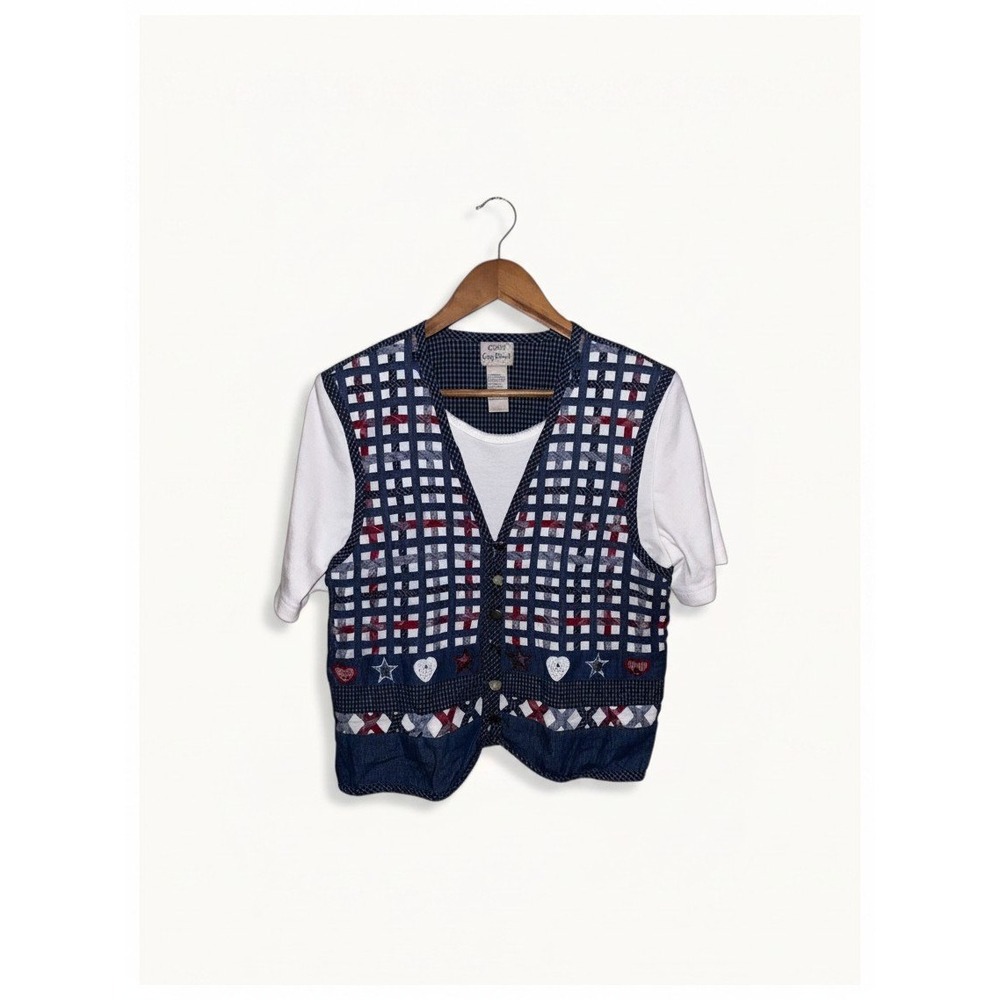 Koret City Blues Denim Lattice Woven Vest Cottagecore Plaid Americana Star M Vtg